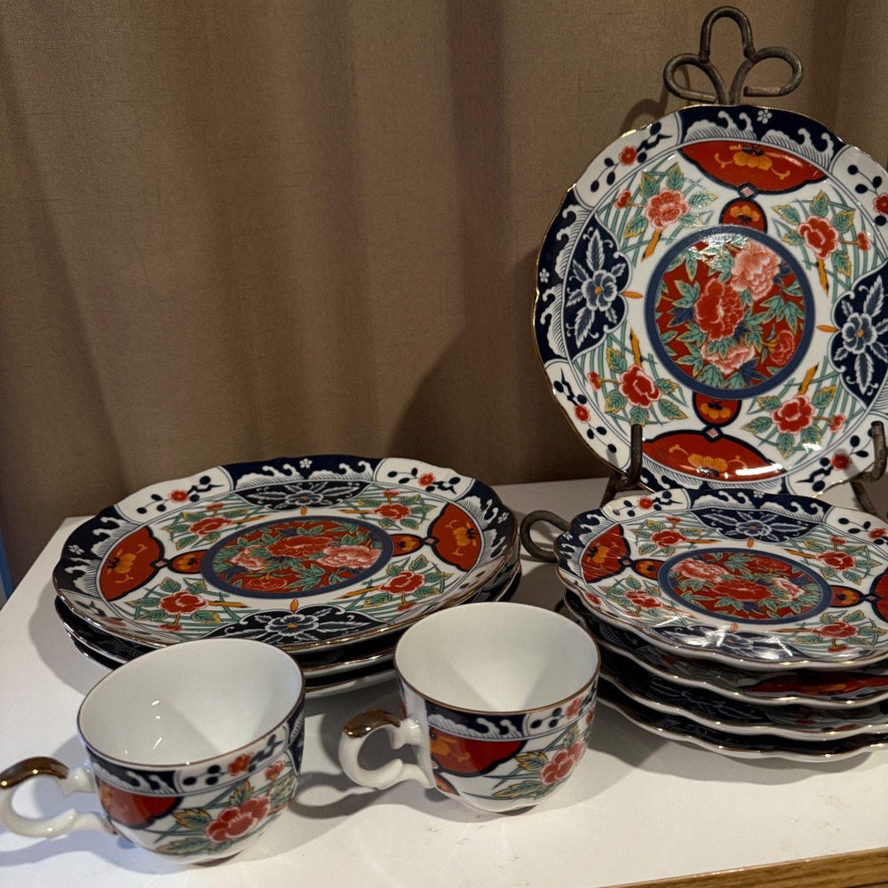 GUMPS San Francisco Porcelain Tea Cup Saucer Plates Set‎ Floral Oriental Design